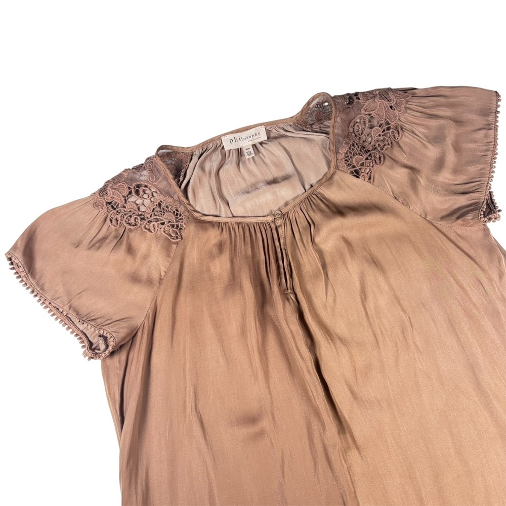 Philosophy Satin Top Brown Lace Shoulder Boho Chic Womens Size M